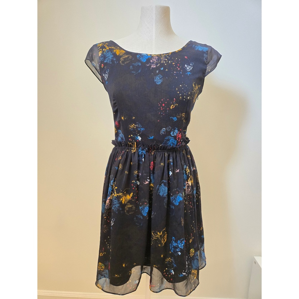 Talula by Aritzia Floral Chiffon Fit & Flare Dress Size 4 Black Blue Mini Dress